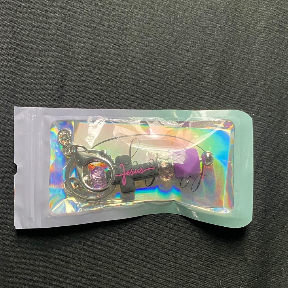 Jesus Script Keychain with Purple Charm